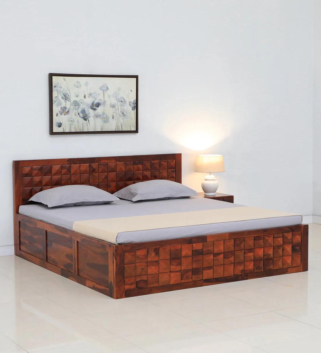 Sheesham Wood King Size Bed in Dark Brown Colour with Box Storage - Ouch Cart