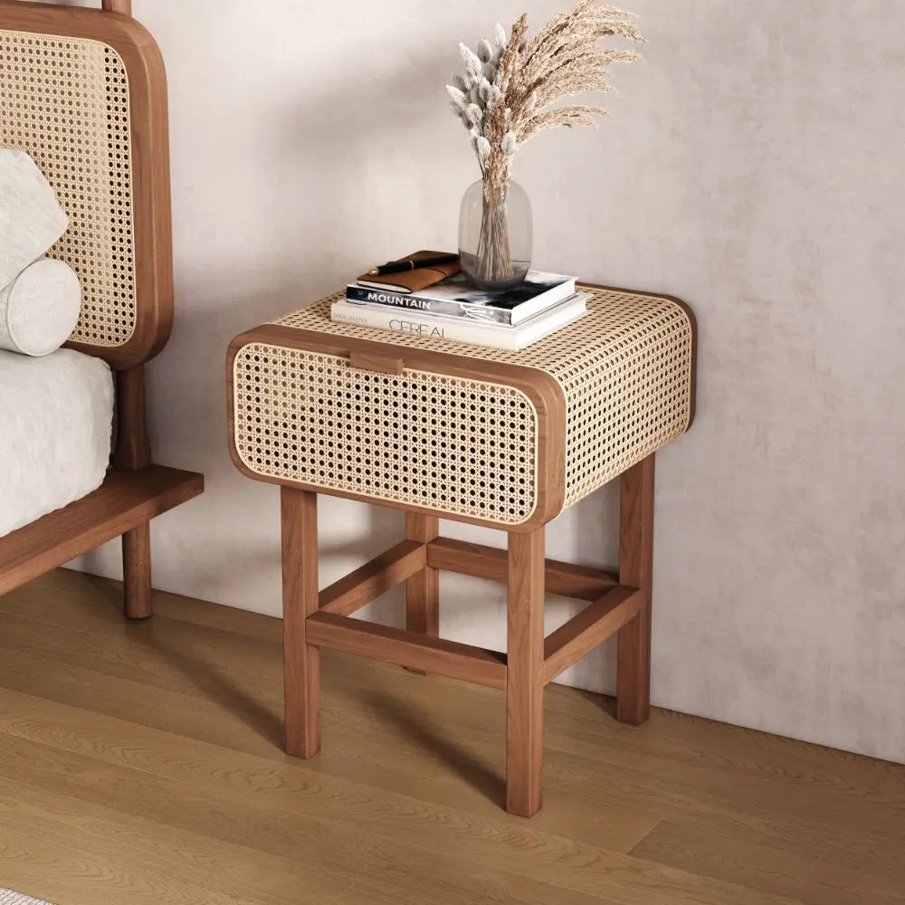 Modern Rattan Wooden Bedside Table with Cane Drawer