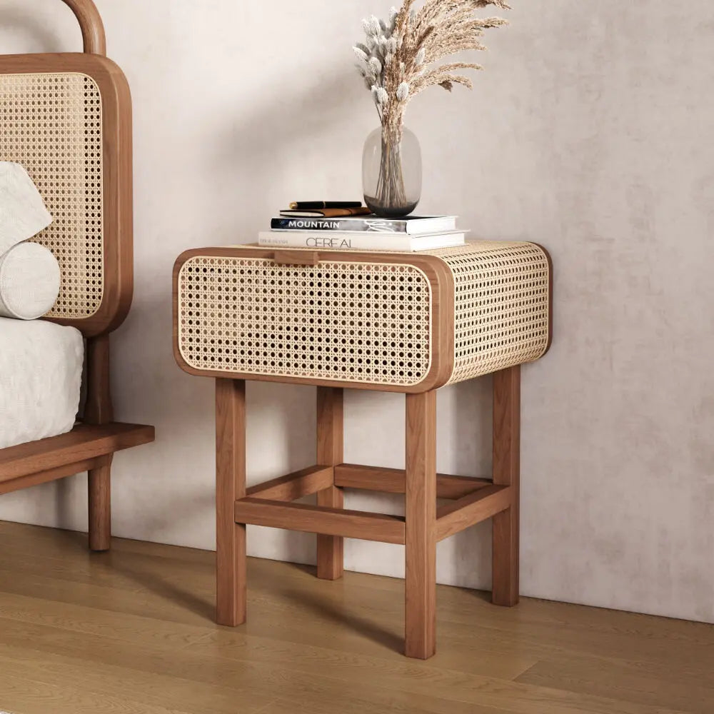 Modern Rattan Wooden Bedside Table with Cane Drawer