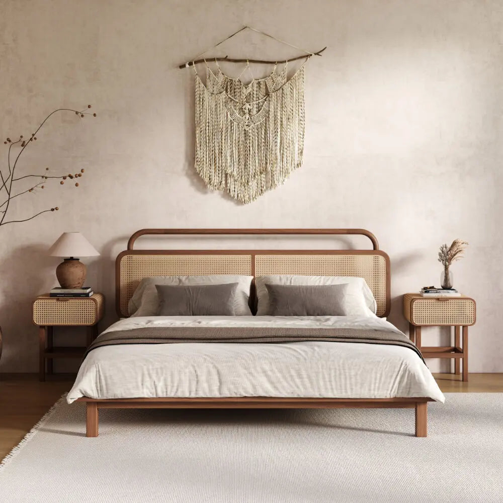 Modern Rattan Wooden Bedside Table with Cane Drawer