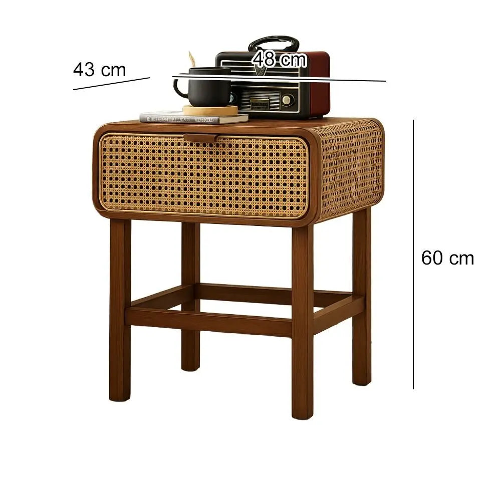 Modern Rattan Wooden Bedside Table with Cane Drawer Ouch Cart