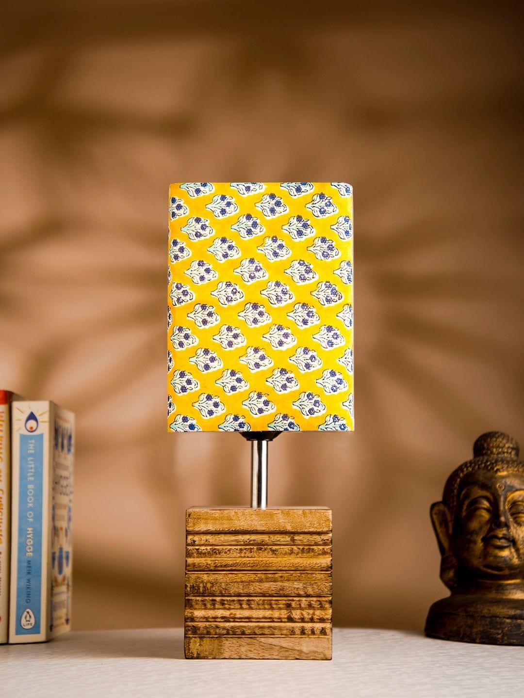 Wooden Stripped Cube Lamp with Colorful Yellow Shade - Ouch Cart