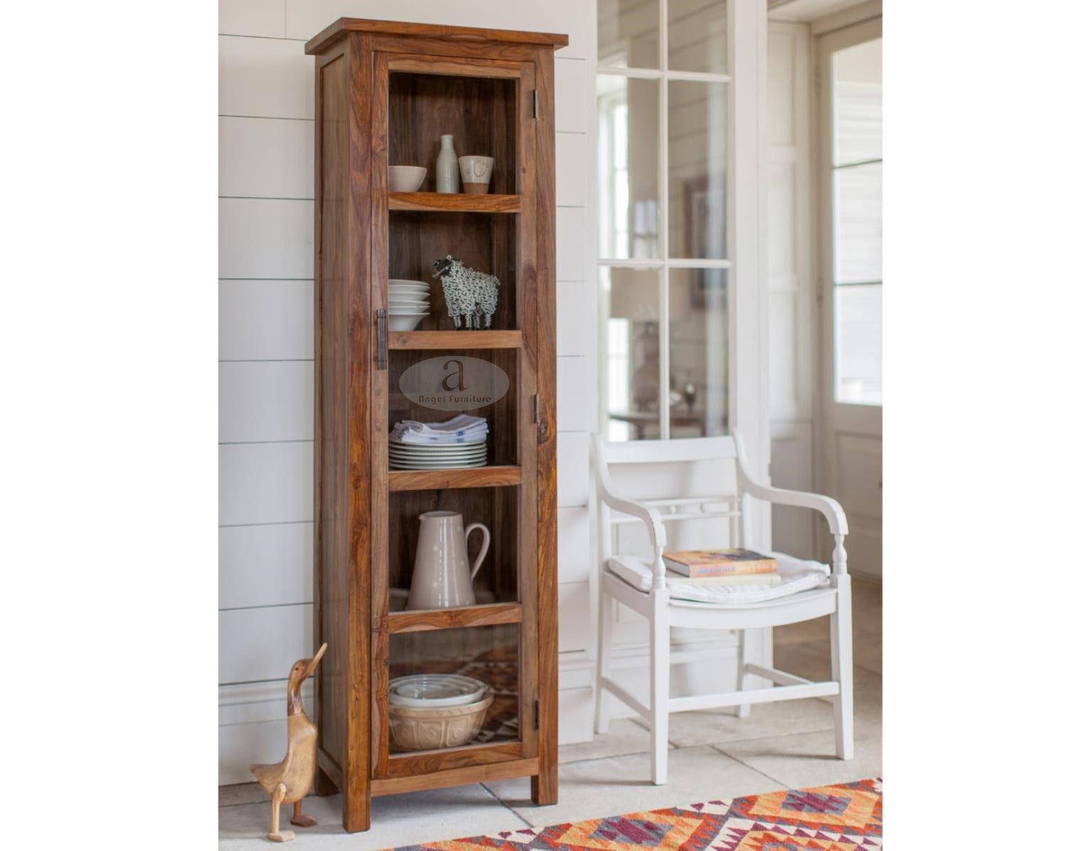 Sheesham Wood Single Door Crockery Cabinet Tall In Honey Finish - Ouch Cart