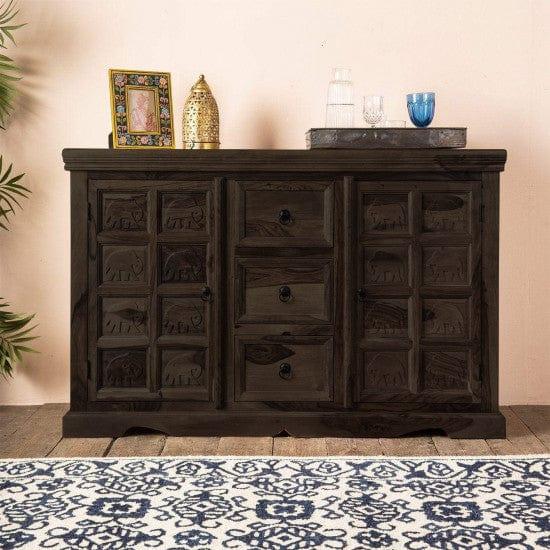Sheesham Wood Mammoth Sideboard Three Drawer Two Door Storage Unit (Walnut Finish) - Ouch Cart