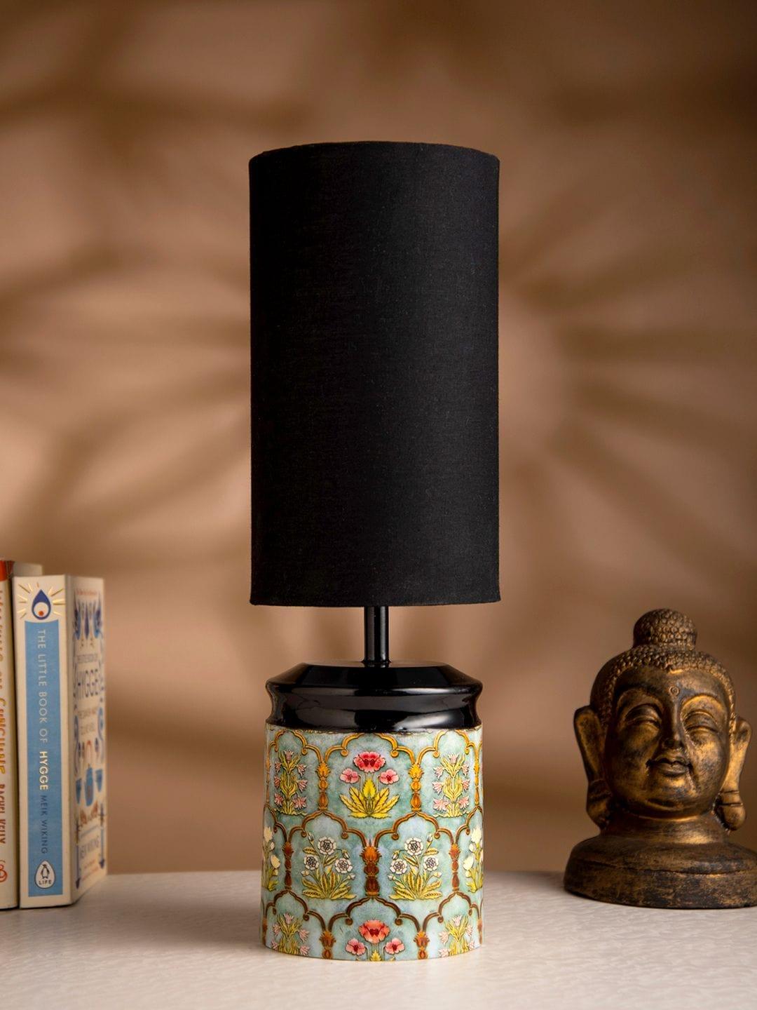 Metal Antique Motif printed Lamp with Solid Black Shade - Ouch Cart