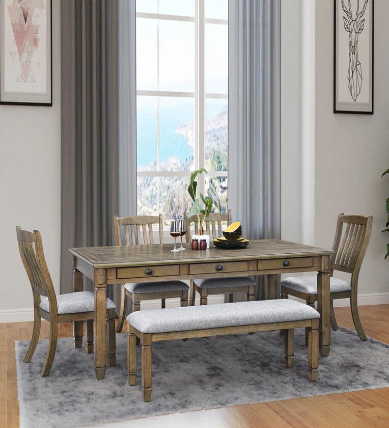 Solid Wood 6 Seater Dining Set in Light Brown Colour With Bench - Ouch Cart