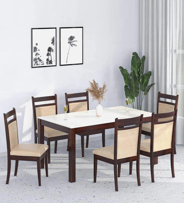 6 Seater Marble Top Dining Set In Beige Colour - Ouch Cart
