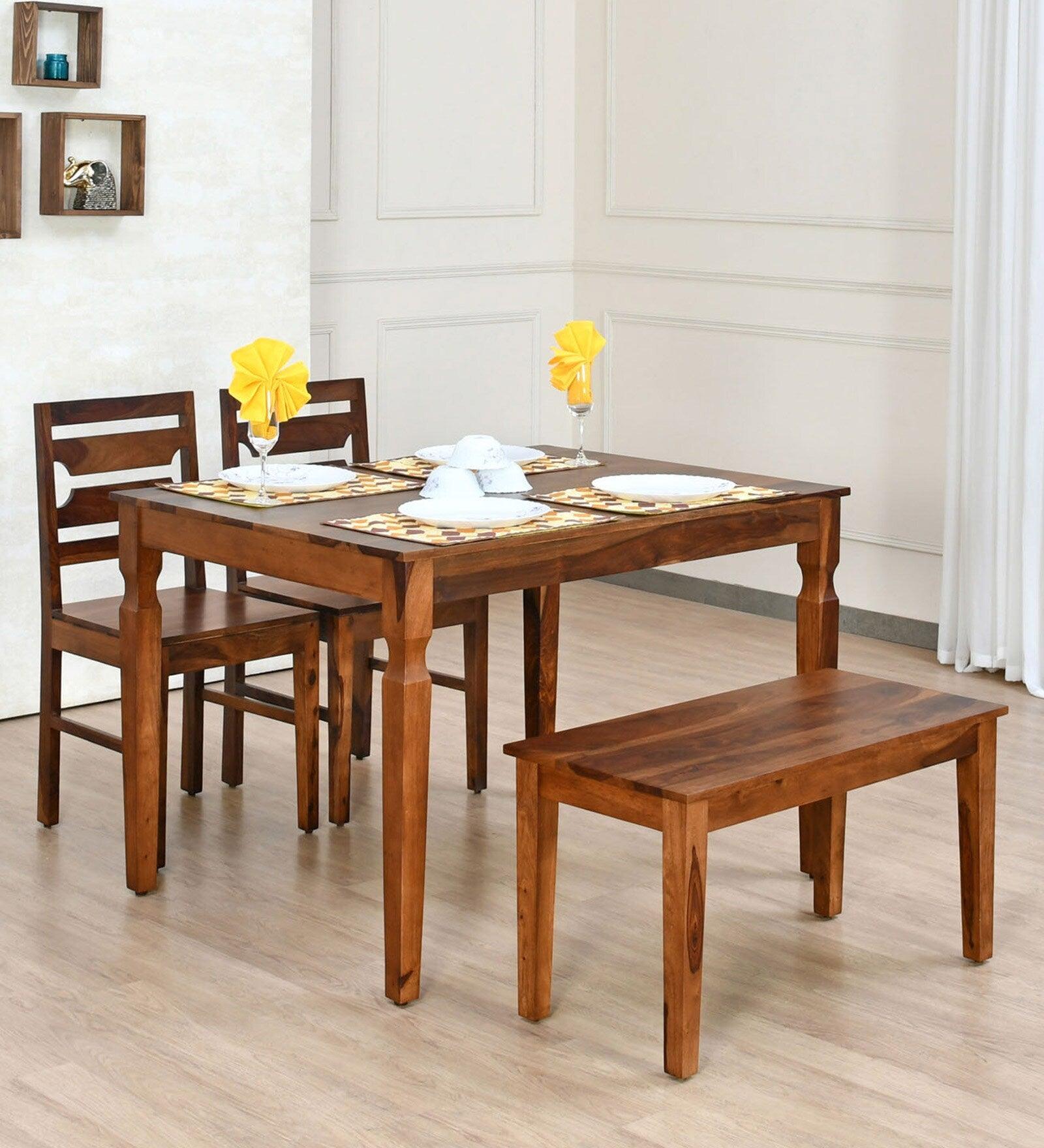 Sheesham Wood 4 Seater Dining Set in Walnut Finish with Bench - Ouch Cart
