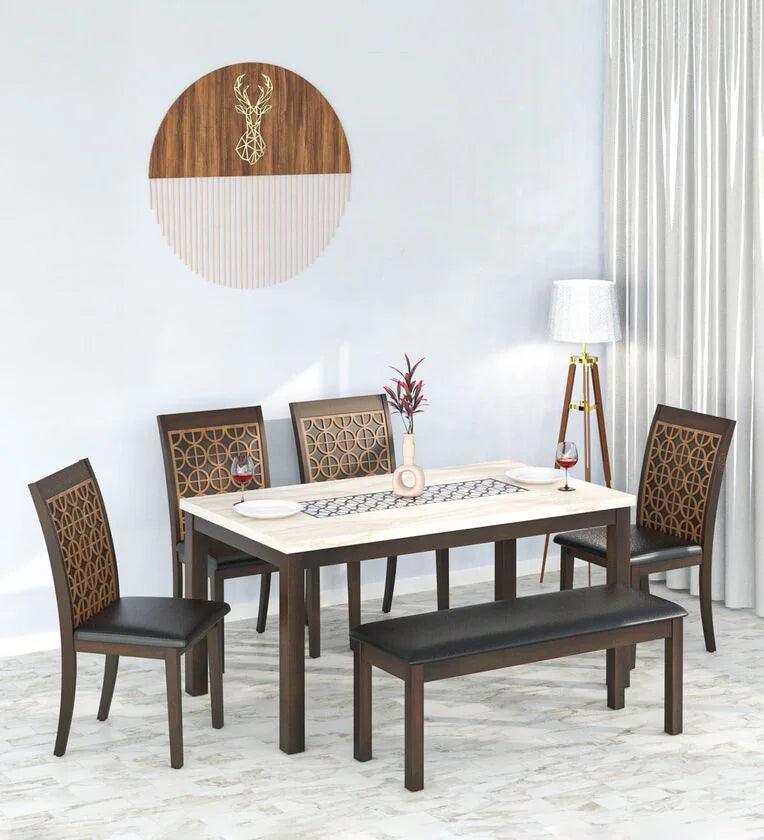 Solid Wood 6 Seater Dining Set In Walnut Finish with Bench - Ouch Cart