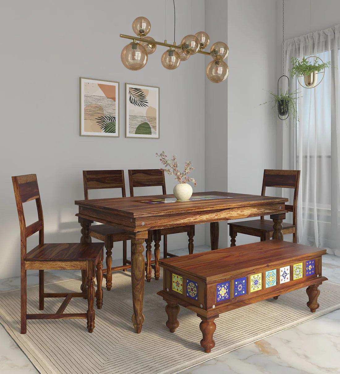 Sheesham Wood 6 Seater Dining Set In Provincial Teak Finish With Bench - Ouch Cart