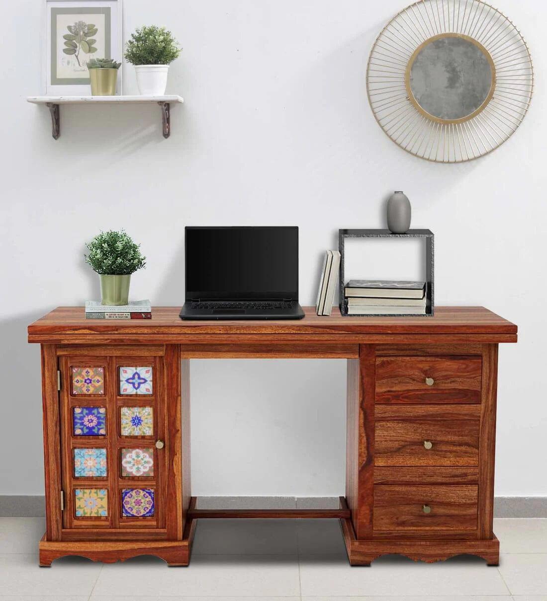 Siramika Sheesham Wood Writing Table In Honey Oak Finish, - Ouch Cart