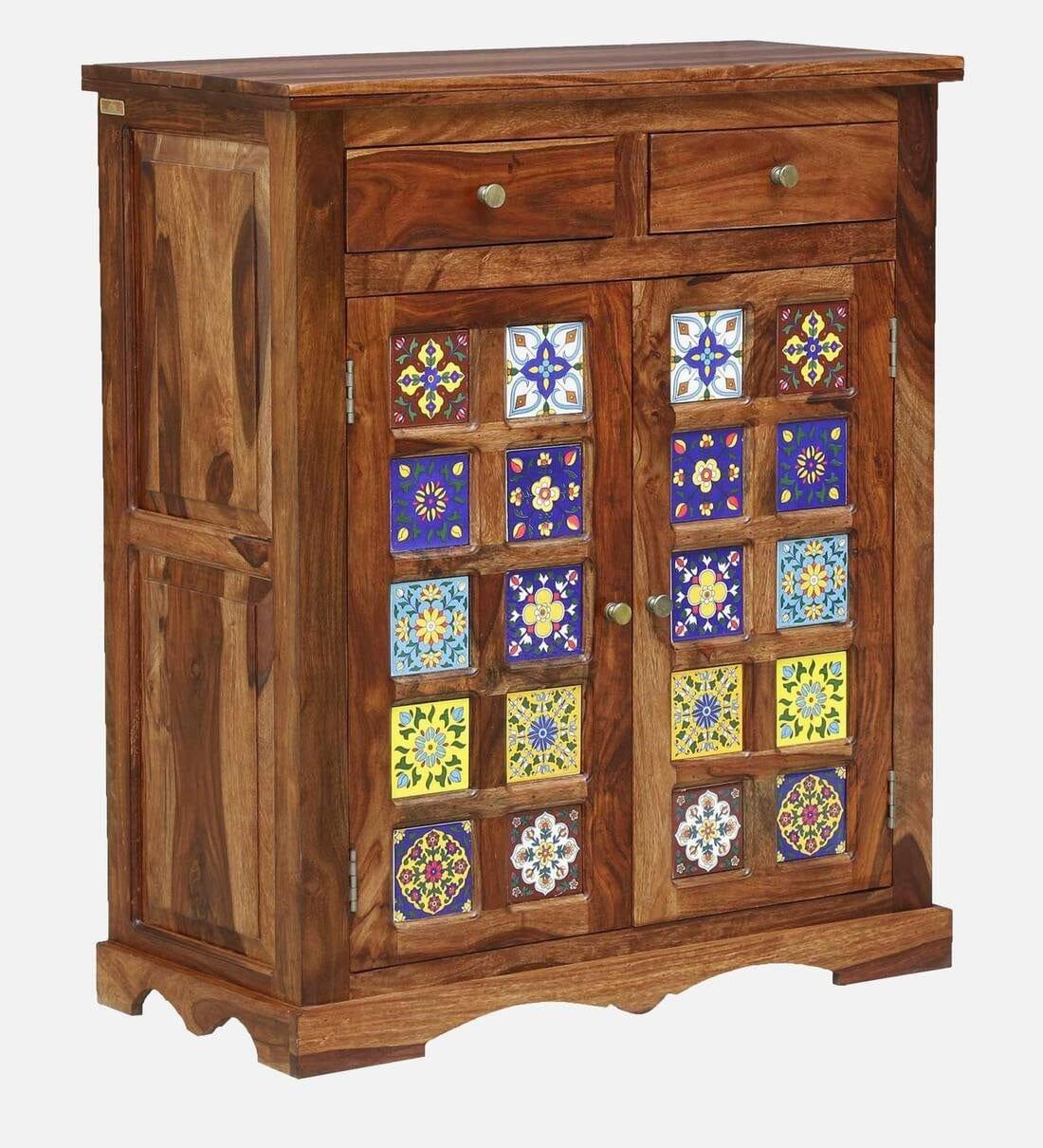 Siramika Sheesham Wood Shoe Cabinet In Rustic Teak Finish, - Ouch Cart