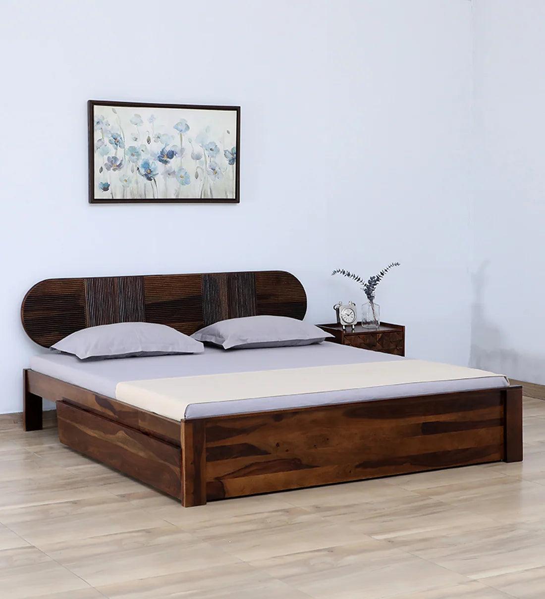 Sheesham Wood King Size Bed With Drawer Storage In Scratch Resistant Teak Finish - Ouch Cart