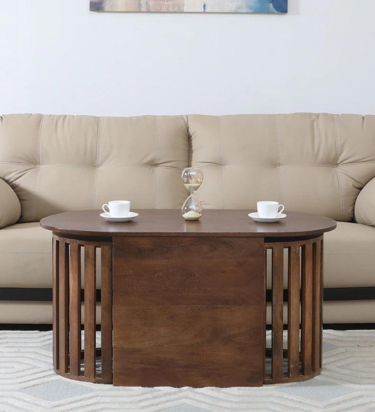Solid Wood Coffee Table In Walnut Finish With Stool - Ouch Cart