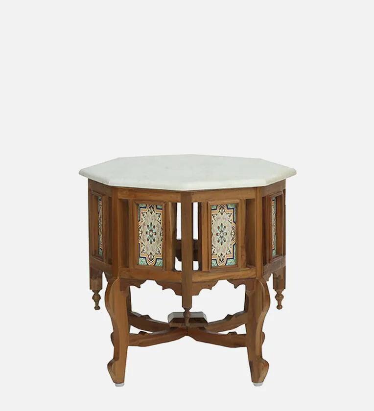 Teak Wood Coffee Table In Rustic Teak Finish With Marble Top - Ouch Cart
