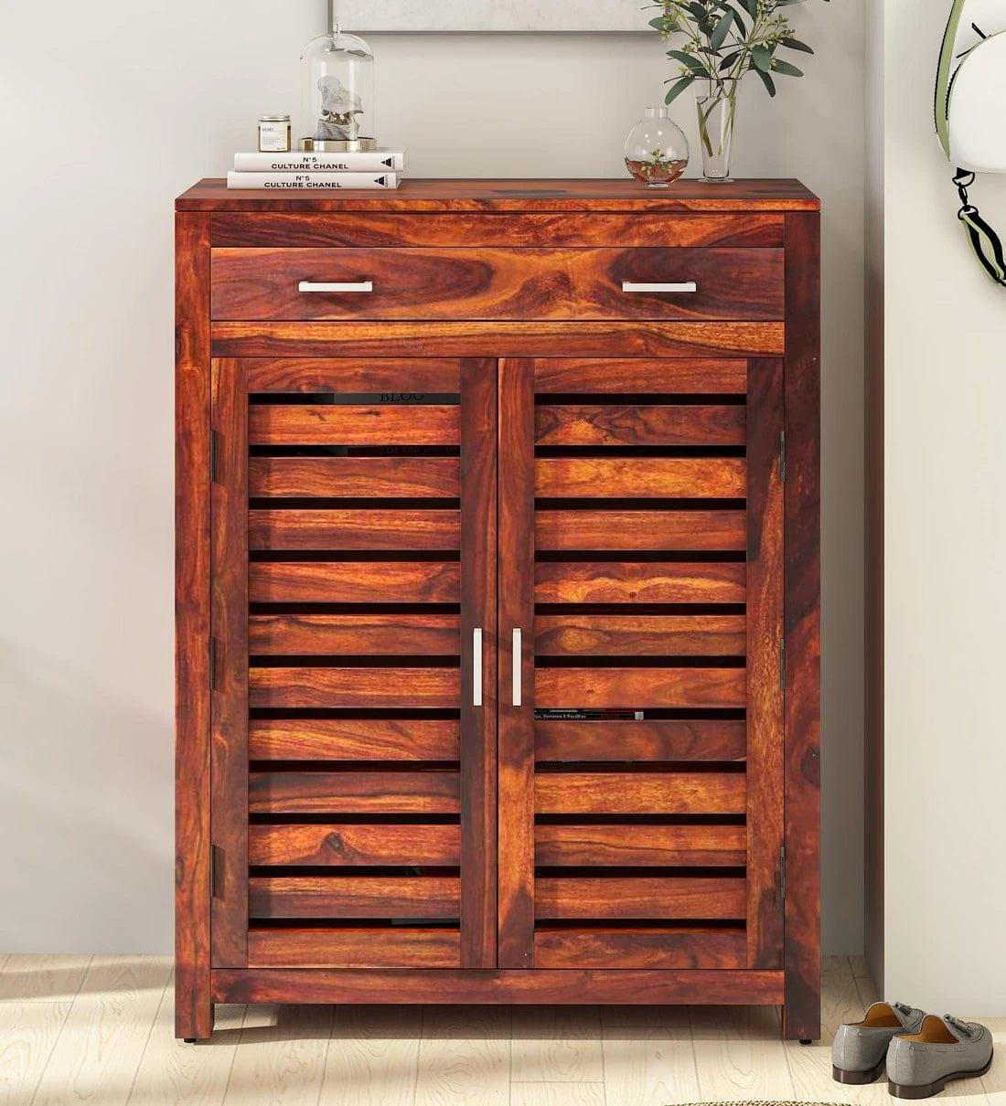 Stigen Sheesham Wood Shoe Cabinet In Honey Oak Finish, - Ouch Cart