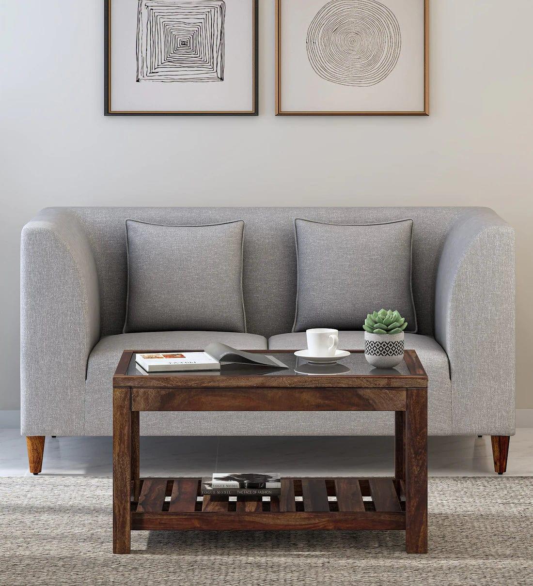 Stigen Sheesham Wood Coffee Table In Provincial Teak Finish With Glass Top, - Ouch Cart
