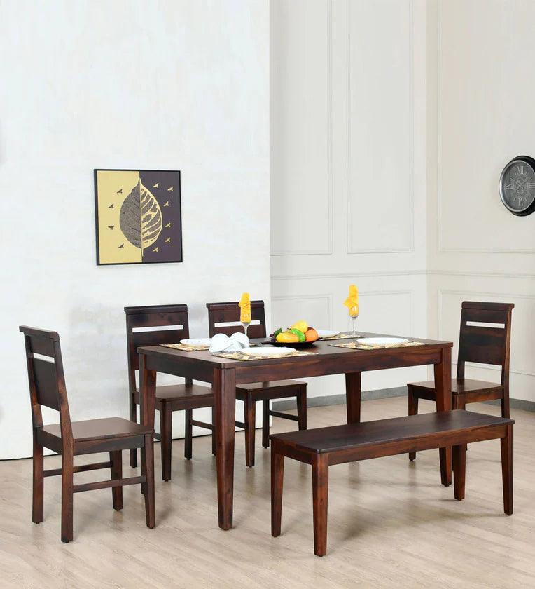 Sheesham Wood 6 Seater Dining Set in Country Light Finish with Bench - Ouch Cart
