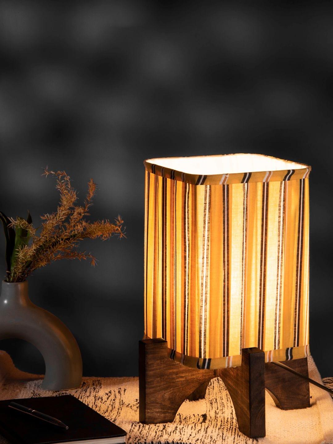 Wooden Brown Base Lamp with pleeted Yellow Candyprint Soft Shade - Ouch Cart