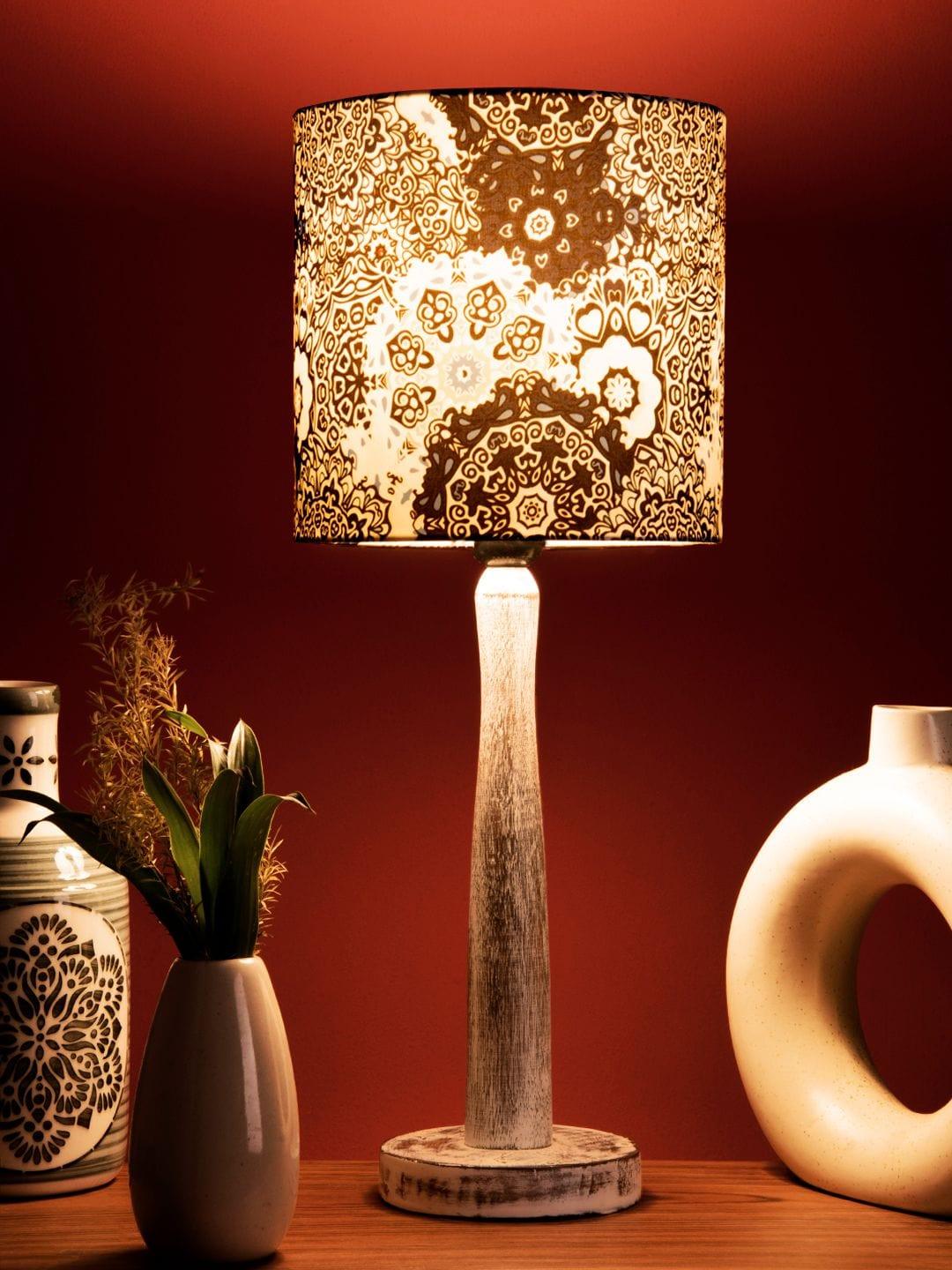 Distress White Wooden Lamp with Blue Batik Print Shade - Ouch Cart