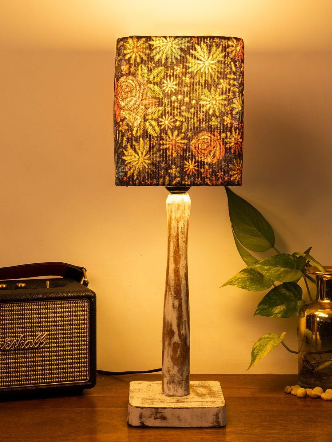 Curve Distress white Lamp with Black flowers shade - Ouch Cart