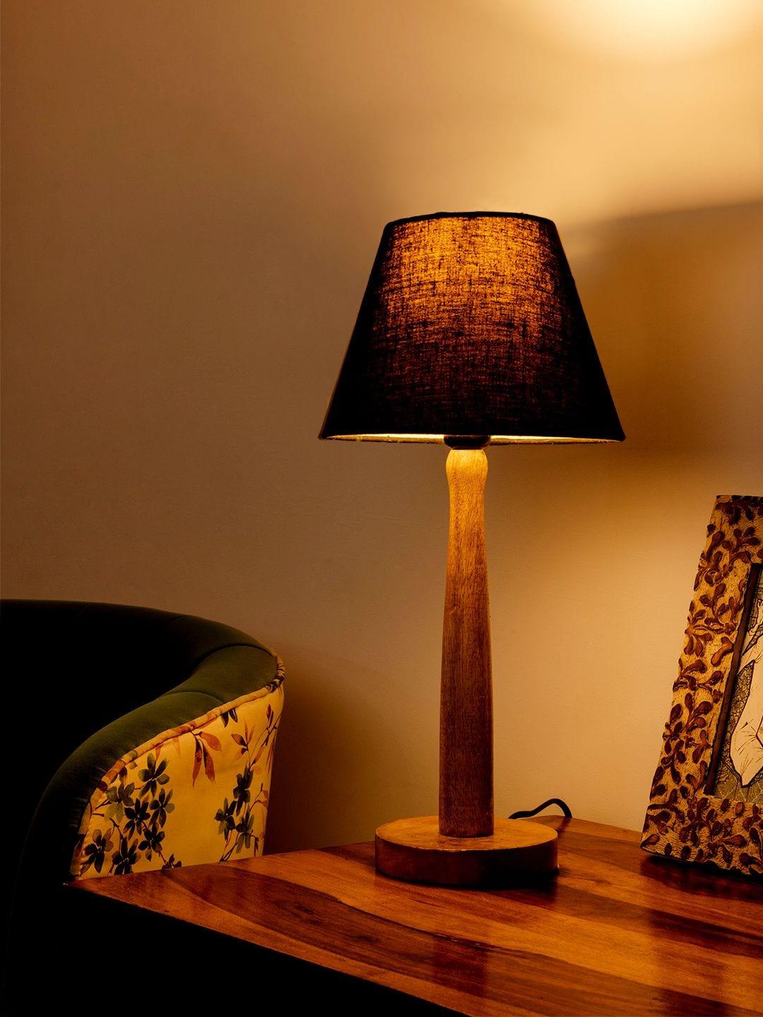 Wooden Brown Lamp with Taper Black Cotton Shade - Ouch Cart