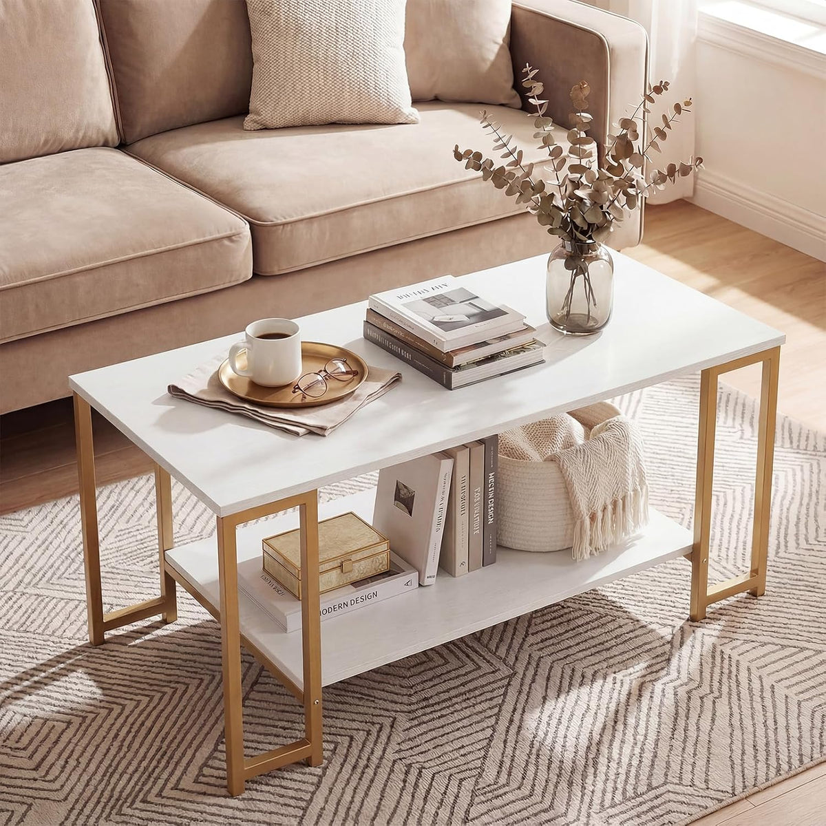 2-Tier Coffee Table with Storage, 39.5" Center Table, Gold & White OUCH CART