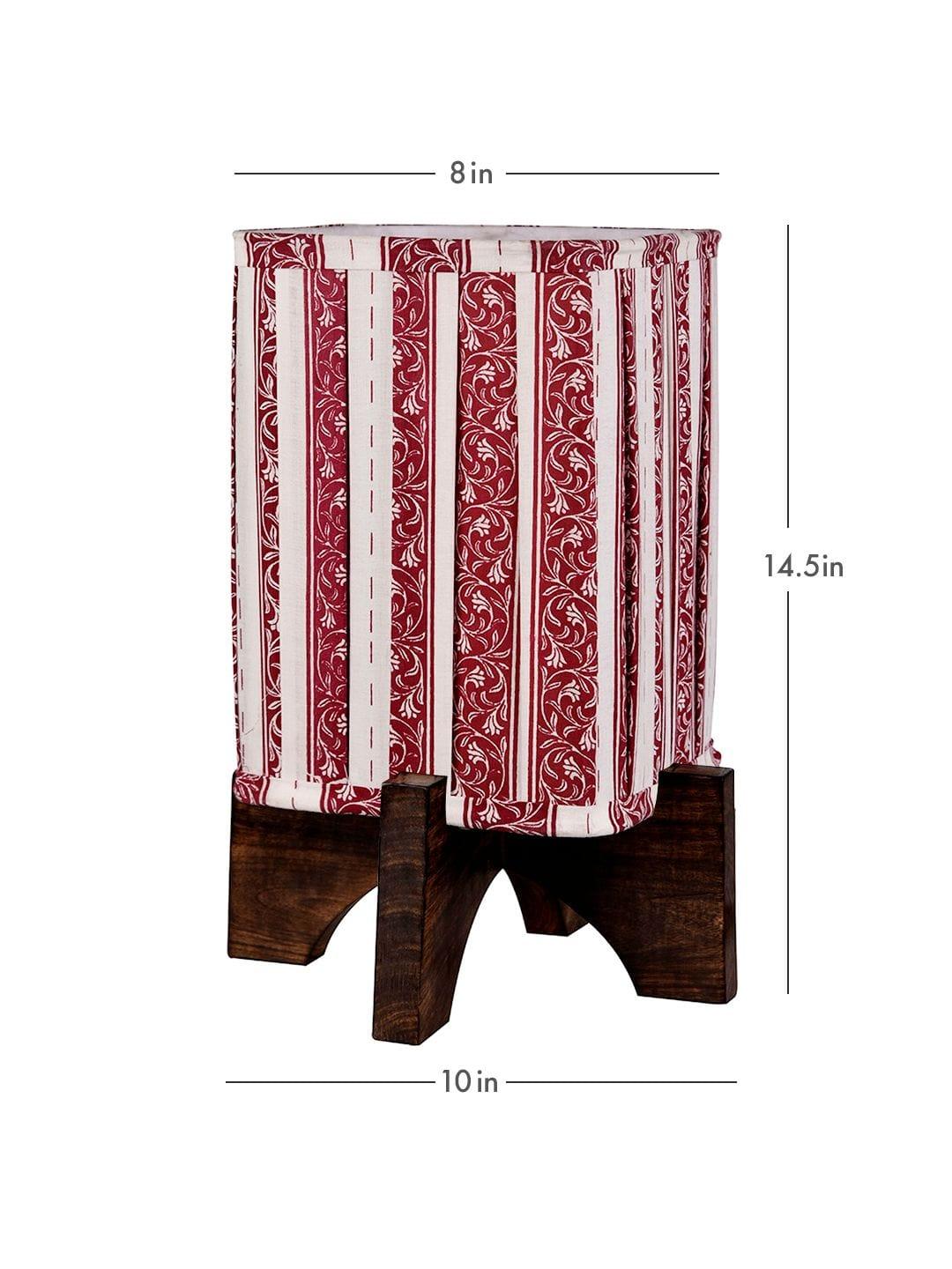 Wooden Brown Base Lamp with pleeted Red Leafyprint Soft Shade - Ouch Cart