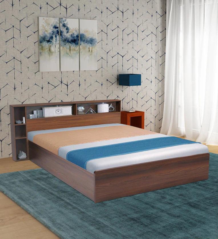 King Size Bed in Classic Walnut Finish with Box Storage - Ouch Cart