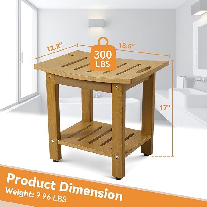 Shower Bench with Storage Shelf, 18 1/2" D ×12" W HDPE Shower Stool for Inside Shower, Waterproof and Anti-Fade Shower Chair, Non-Slip Shower Seat with Handle for Bathroom, Bright Brown - Ouch Cart