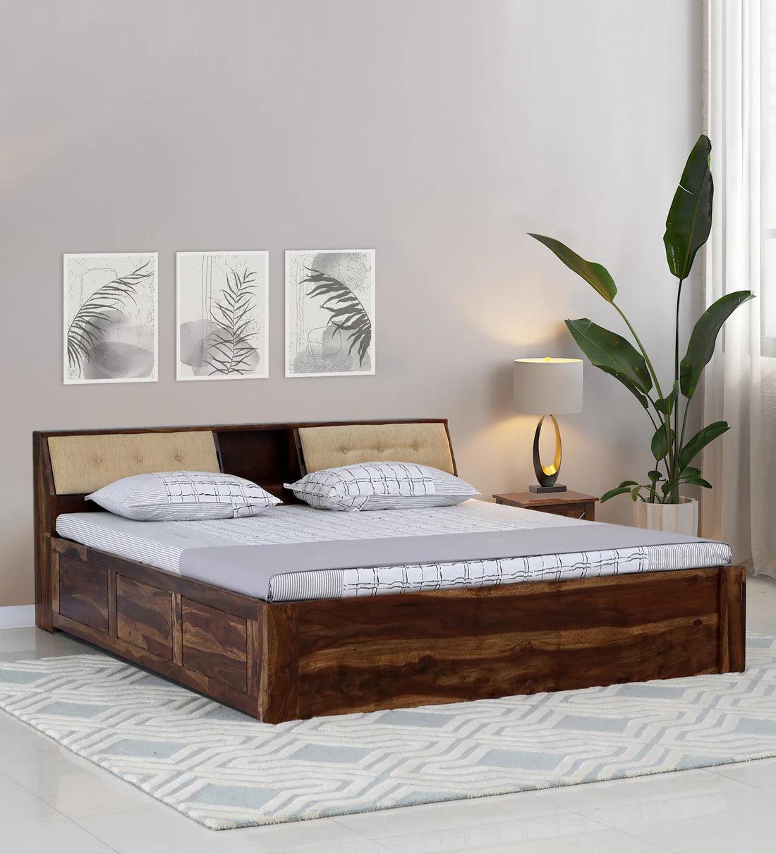 Sheesham Wood King Size Bed In Scratch Resistant Rustic Teak Finish With Box Storage - Ouch Cart