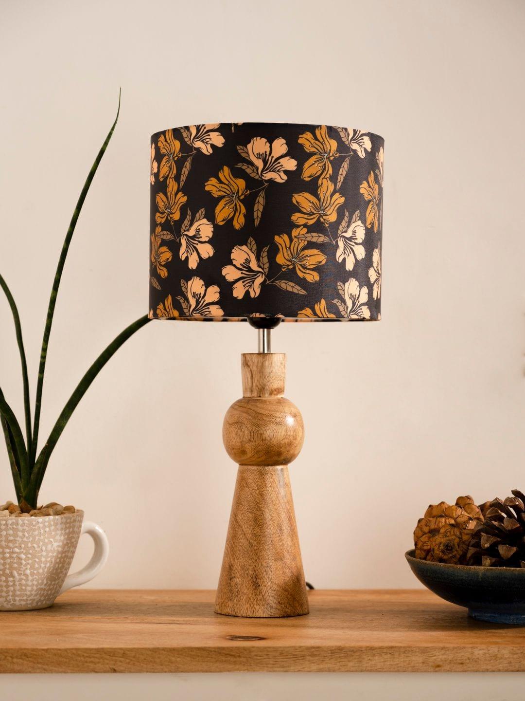 Wooden Skirt Lamp with Multicolor Black Floral Shade - Ouch Cart