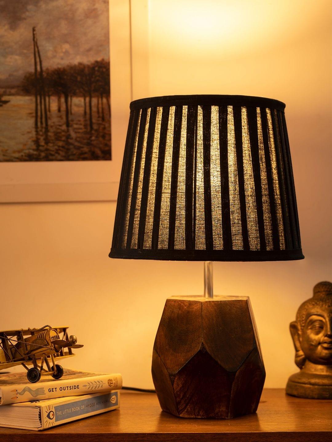 Wooden Hexa Lamp with Pleeted Cotton Black Shade - Ouch Cart
