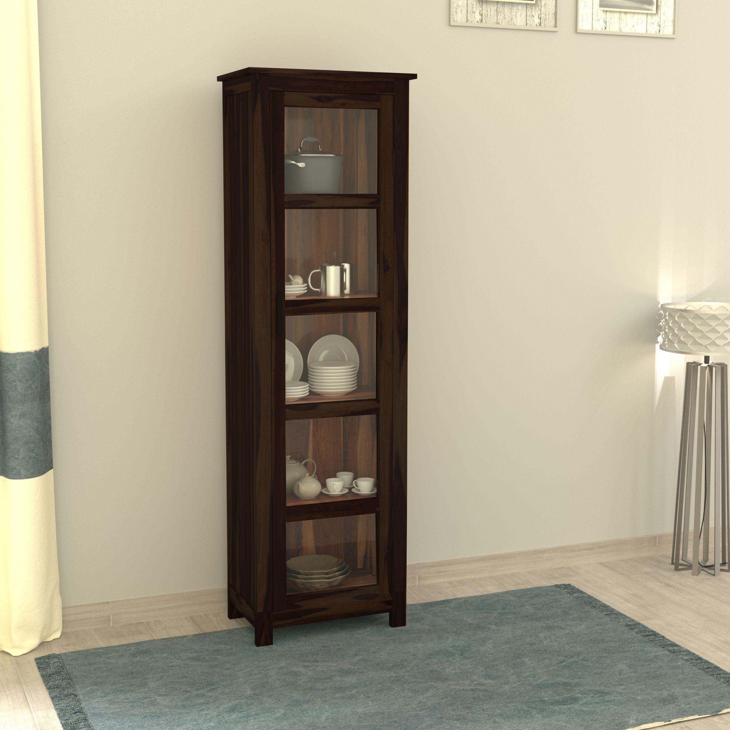 Sheesham Wood Single Door Crockery Cabinet Tall In Walnut Finish - Ouch Cart