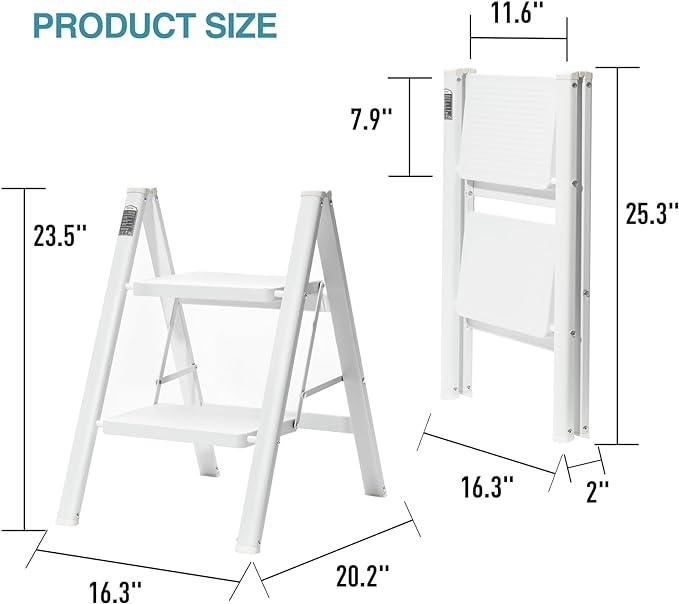 Lightweight Portable Foldable Collapsible Folding Sturdy Steel Metal Step Stool with Anti-Slip Wide Pedal, Heavy Duty 330 lbs Capacity, for Home, Kitchen, Closet, Adults, White - Ouch Cart