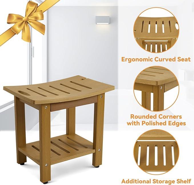 Shower Bench with Storage Shelf, 18 1/2" D ×12" W HDPE Shower Stool for Inside Shower, Waterproof and Anti-Fade Shower Chair, Non-Slip Shower Seat with Handle for Bathroom, Bright Brown - Ouch Cart