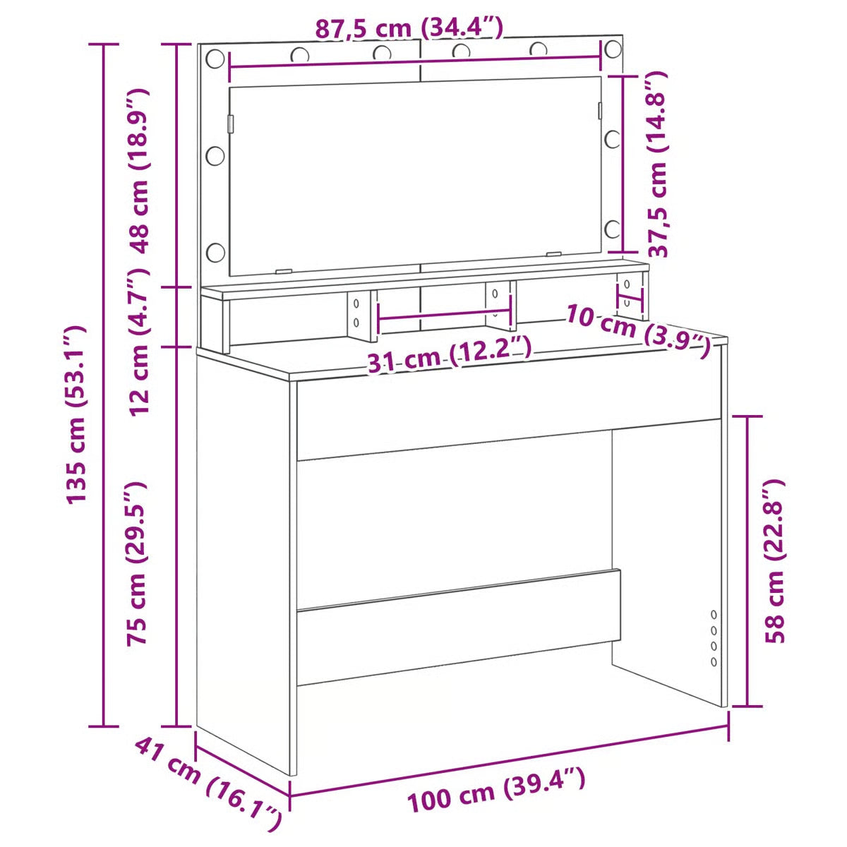 LED Lighted Dressing Table by vidaXL – Vintage Wood Makeup Vanity 39.4"x16.1"x53.1-OUCH CART |Dressing table