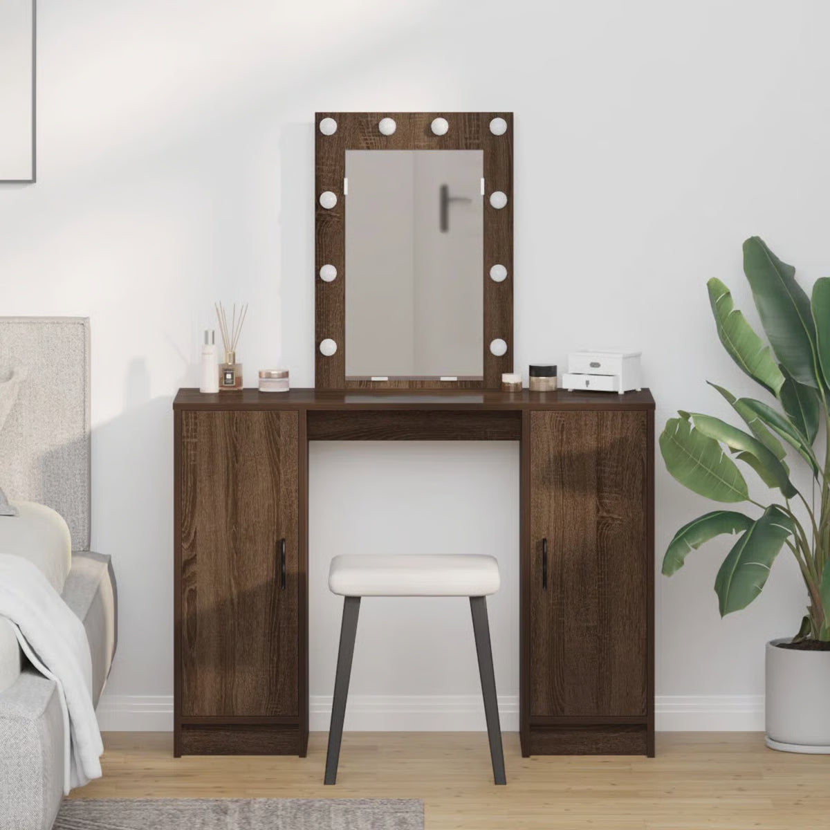 Brown Oak vidaXL Makeup Vanity with LED Lights – Dressing Table 102x33x135 cm
