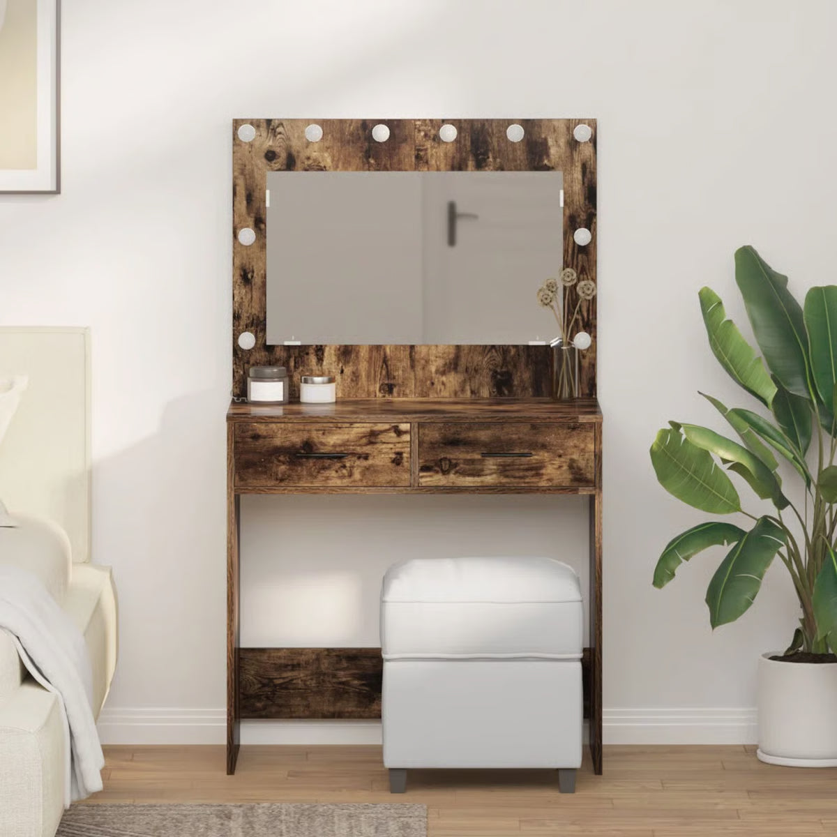 Smoked Oak vidaXL Makeup Vanity with LED Lights – Dressing Table 30.9"x16.1"x53.1-OUCH CART |Dressing table