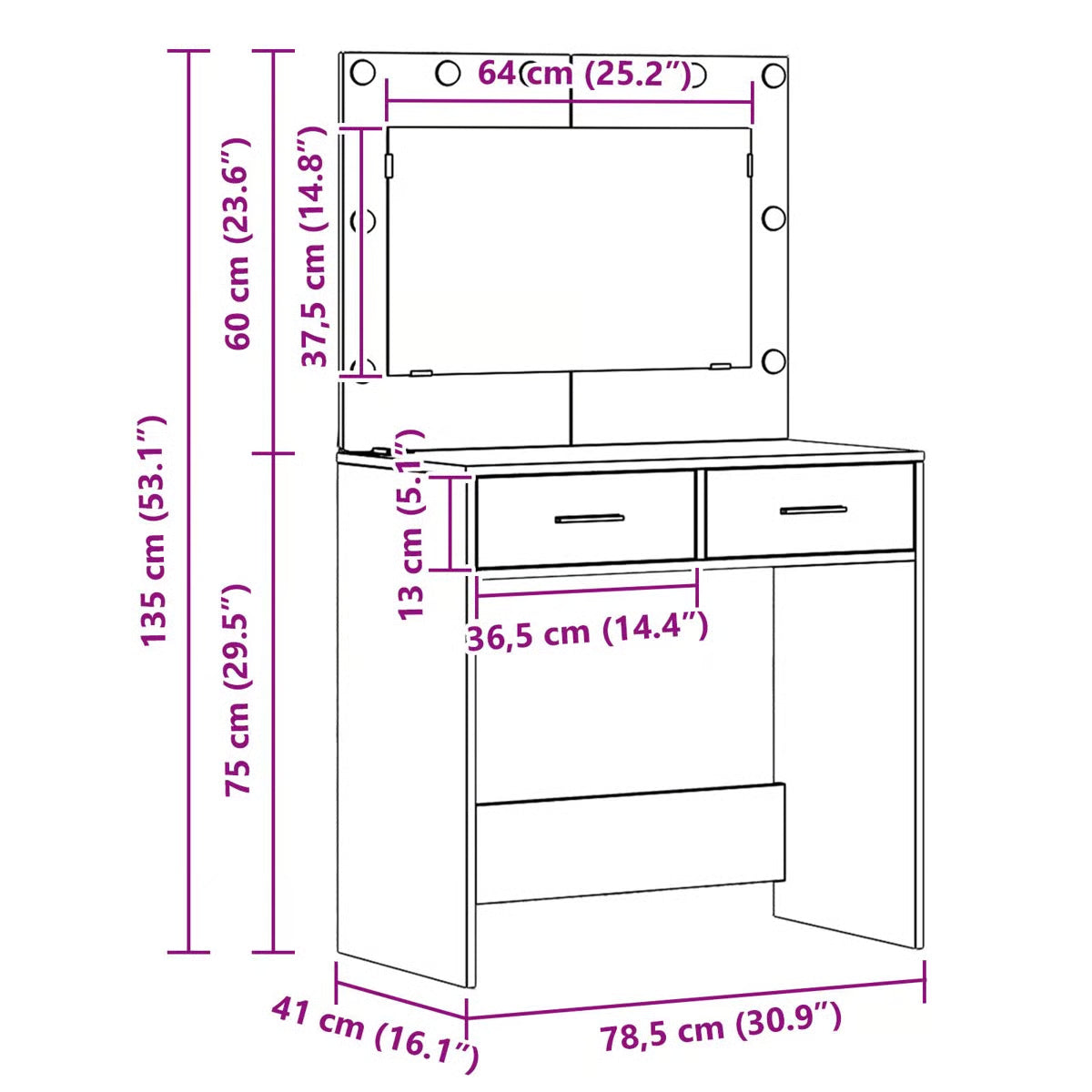Smoked Oak vidaXL Makeup Vanity with LED Lights – Dressing Table 30.9"x16.1"x53.1-OUCH CART |Dressing table