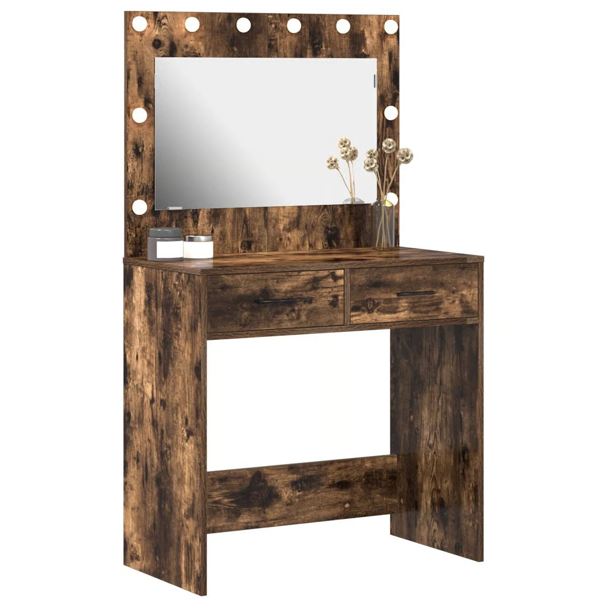 Smoked Oak vidaXL Makeup Vanity with LED Lights – Dressing Table 30.9"x16.1"x53.1