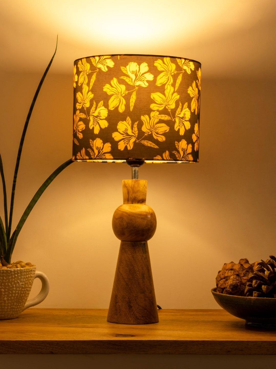 Wooden Skirt Lamp with Multicolor Black Floral Shade - Ouch Cart