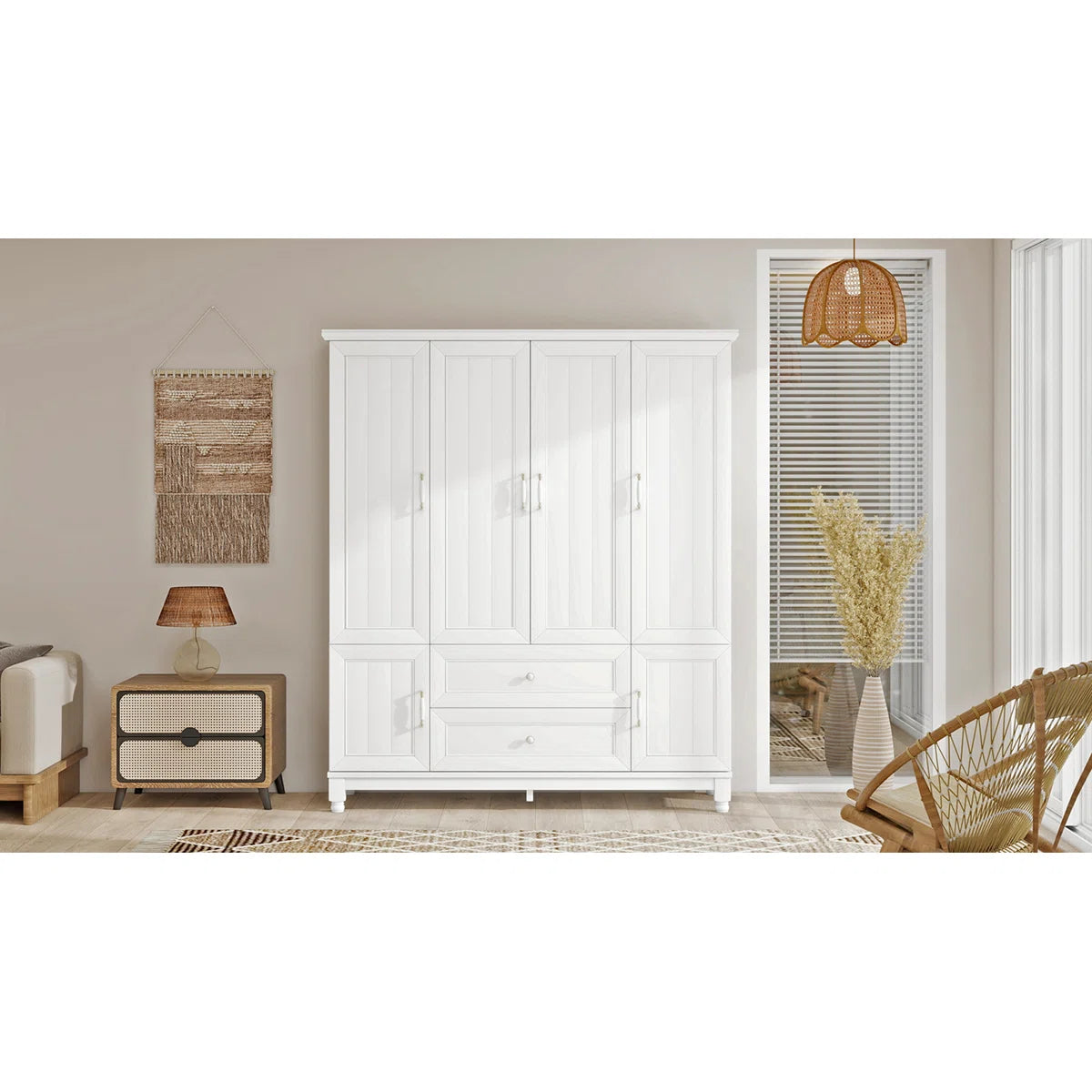 Pearly White 4-Door Solid Wood Wardrobe Armoire 70.87 H with Drawers and Hanging Rods