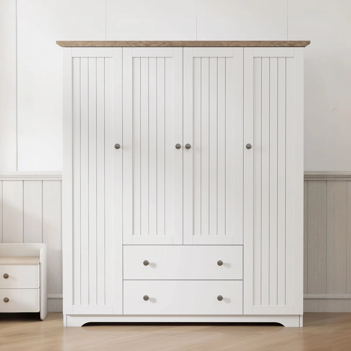 Wood Wardrobe Closet With 4 Doors And 2 Drawers,Bedroom Freestanding Armoire Storage Cabinet With Shelves,Wooden Wardrobe Combination For Hanging Clothes