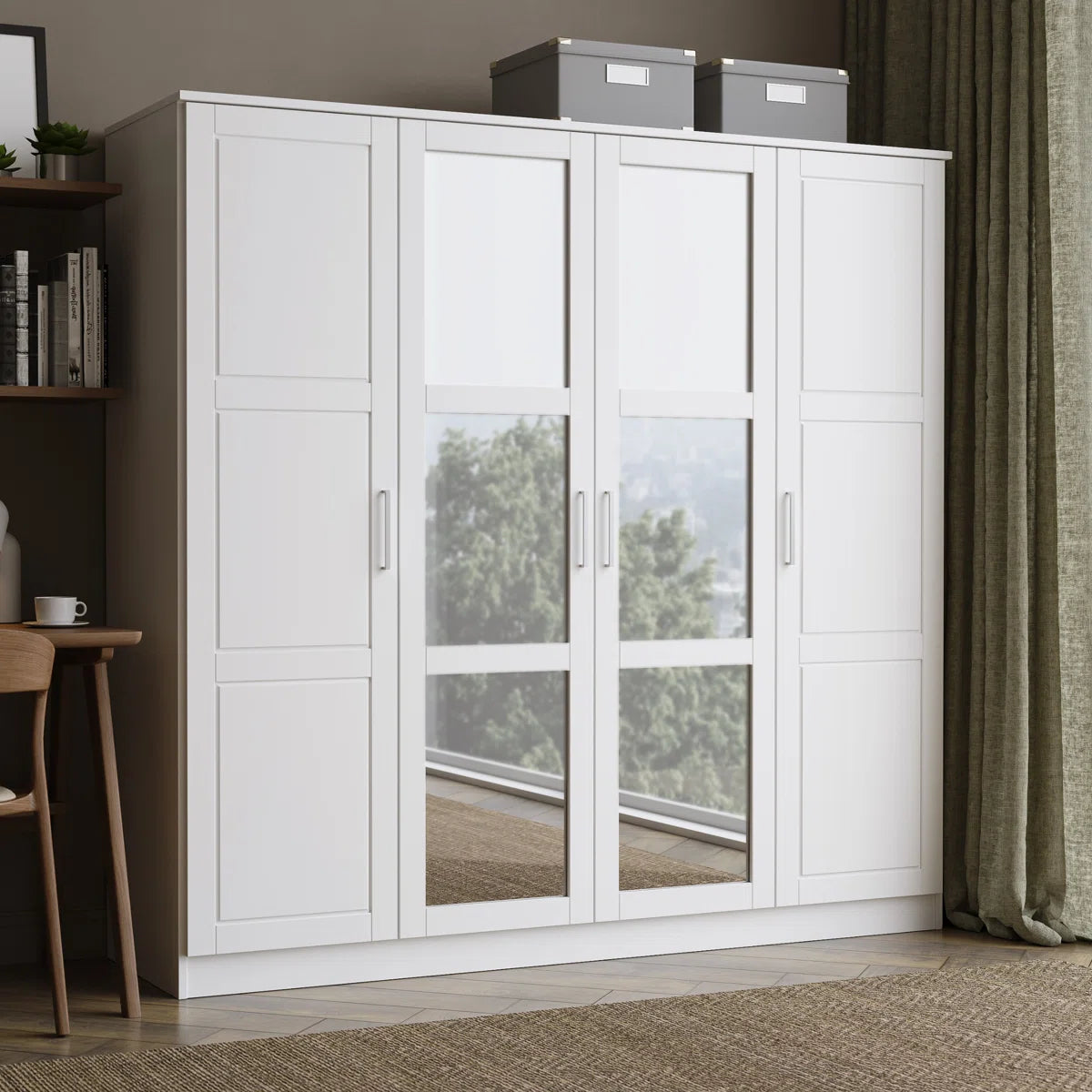 Cosmo 100% Solid Wood 4-door Wardrobe Armoire with Mirrored Doors