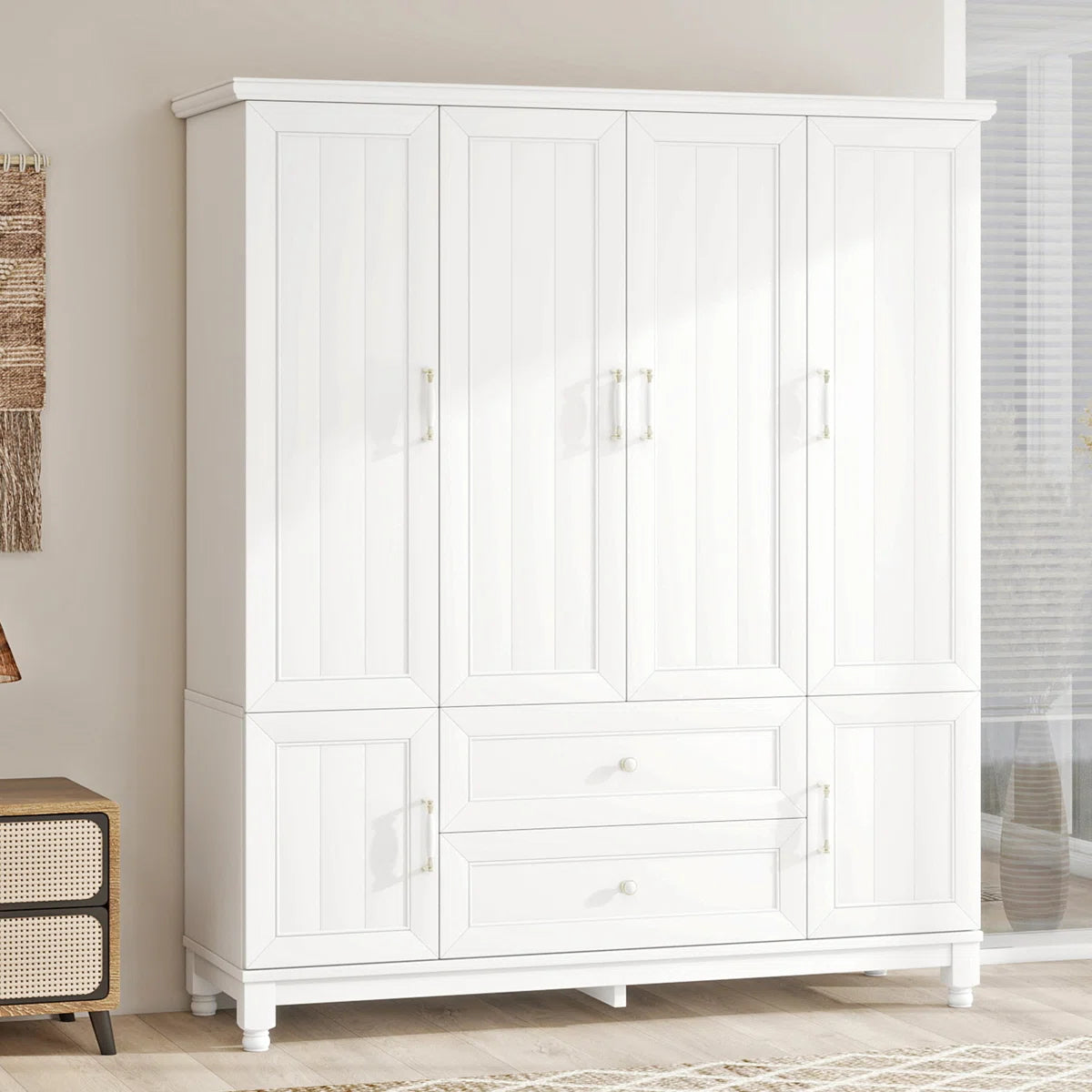 4 Doors Wardrobe Armoire 100% Soild Wood Storage Cabinet With Shelves, 70.87"H Wardrobe Closet With 2 Drawers and 2 Hanging Rods, Pearly White Finish