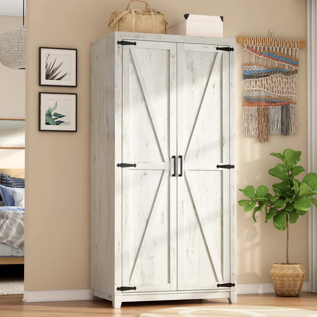 70" Farmhouse Large Armoire Wardrobe Closet With Hanging Rod