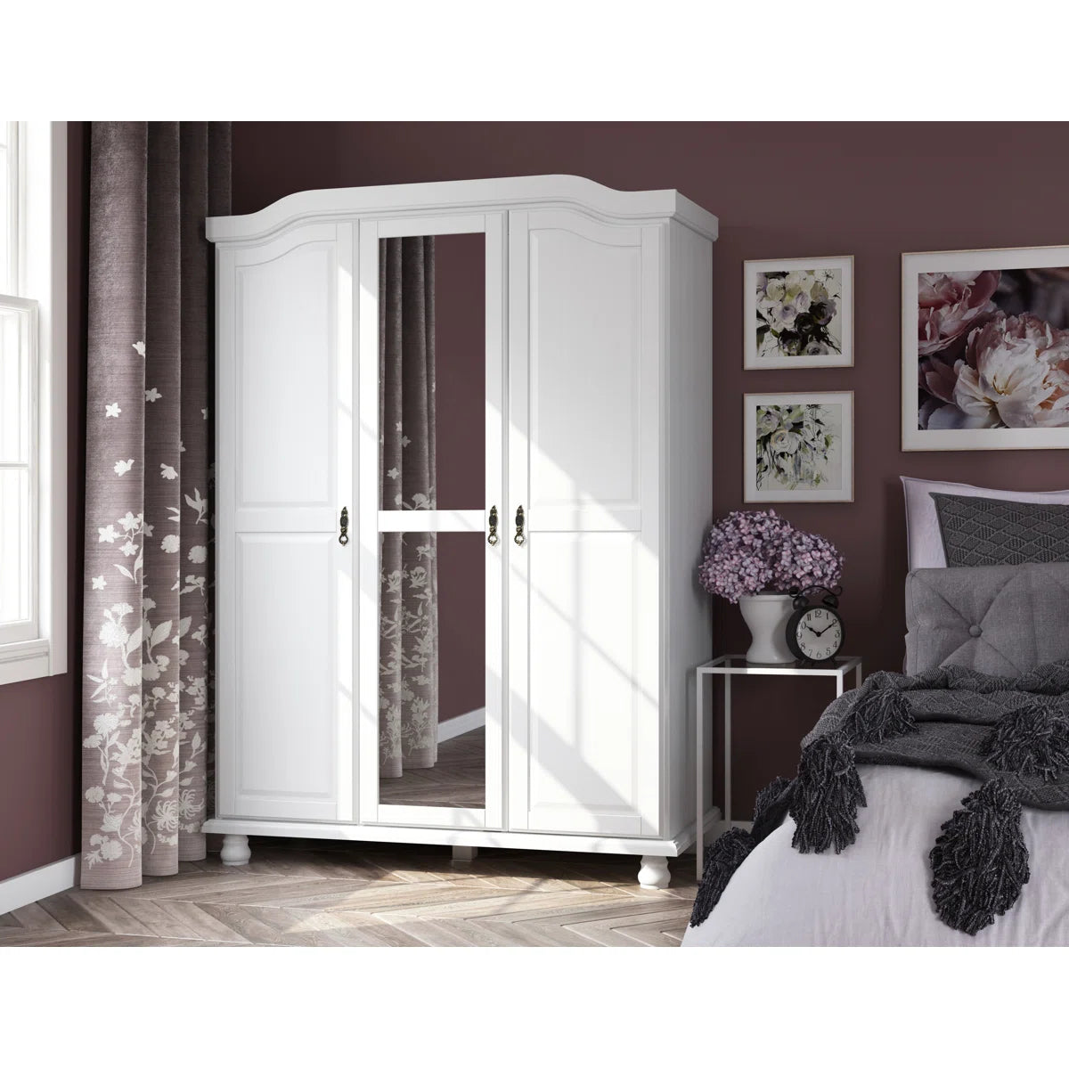 Anass Kyle 100% Solid Wood 3-door Wardrobe Armoire with Mirrored Door