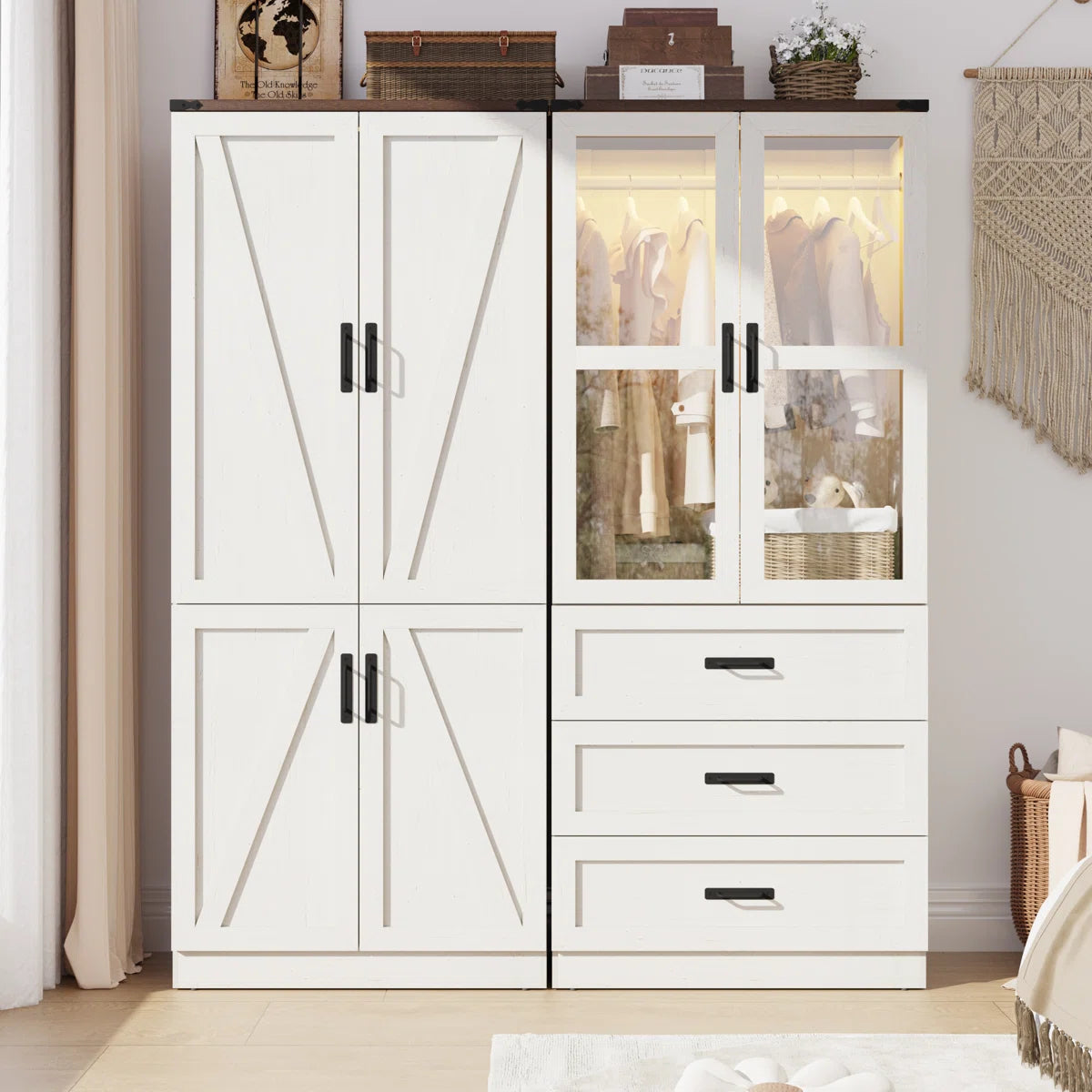 74.8"H 4 Door Wardrobe Armoire Closet With LED Lights, Rustic Farmhouse Wardrobe Cabinet With Hanging Rod & Adjustable Shelves For Bedroom