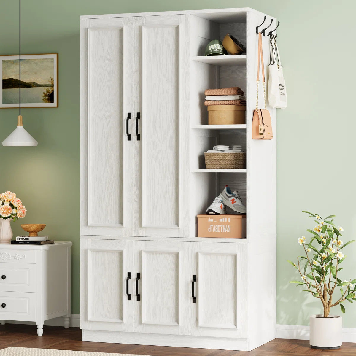 5-Door Wooden Wardrobe With Hanging Poles & 4 Open Storage Shelves, 70โ Armoire For Hanging Clothes